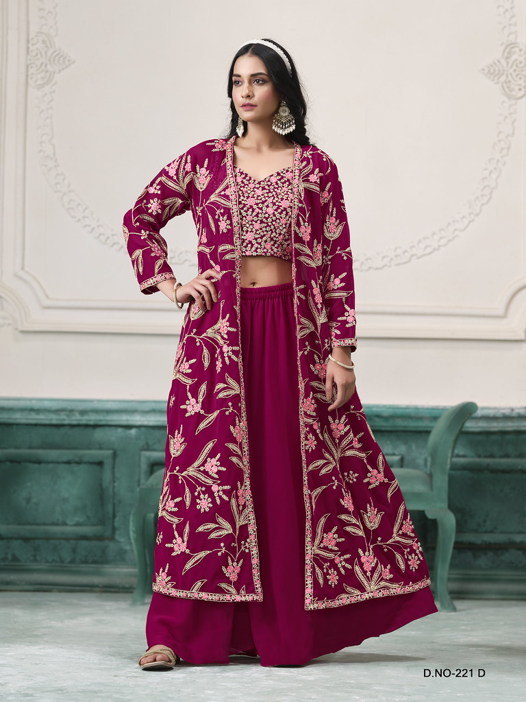 AANAYA VOL-221 BY DANI CREATIONS 221-A TO 221-D SERIES FAUX GEORGETTE TOP WITH PALAZZO AND SHRUG