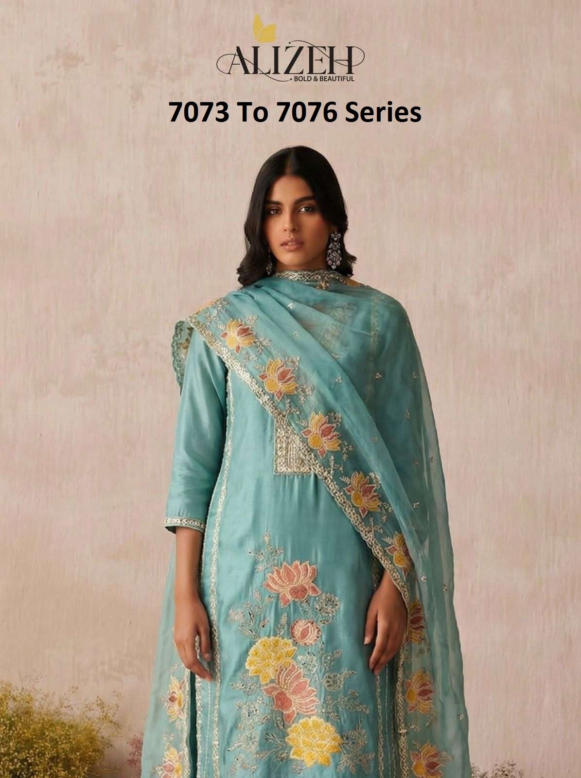 ALIZEH 7073 TO 7076 SERIES FANCY PURE SIMMER SILK STITCHED DRESSES