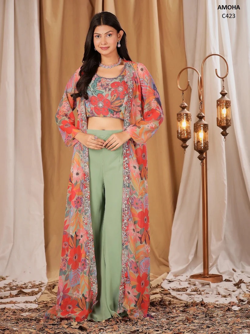 AMOHA C-423 BY AMOHA TRENDZ DESIGNER CROP TOP WITH PALAZZO AND SHRUG