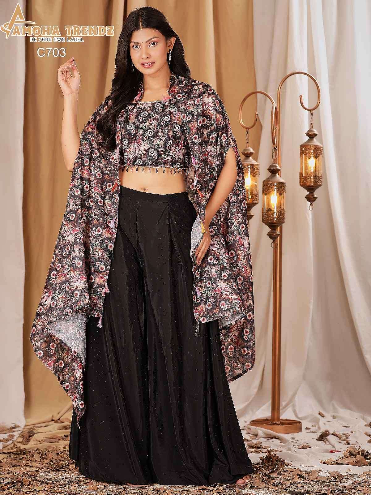 AMOHA C-703 BY AMOHA TRENDZ CREPE CROP TOP WITH PALAZZO AND SHRUG