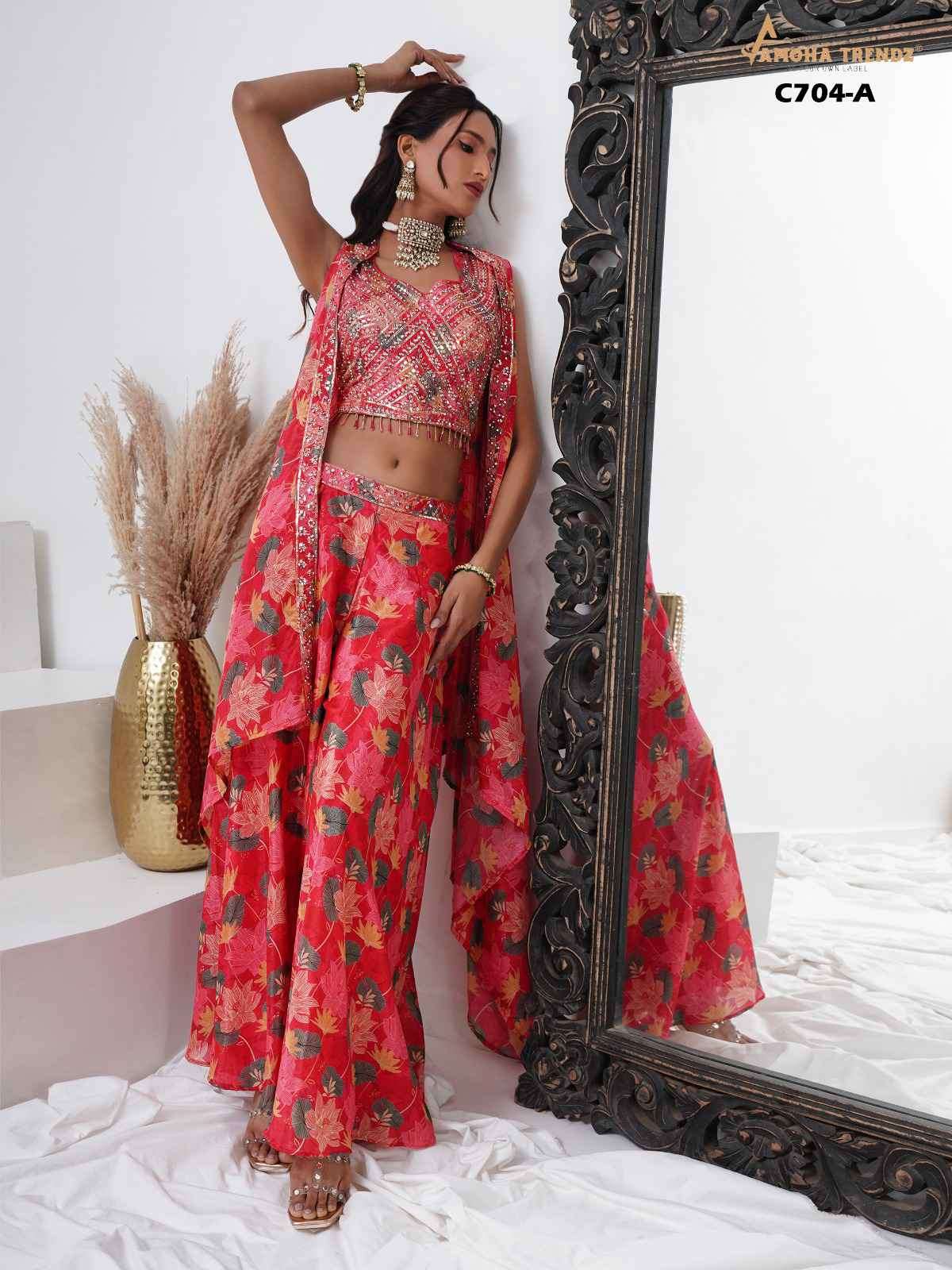 AMOHA C-704 BY AMOHA TRENDZ CREPE CROP TOP WITH PALAZZO AND SHRUG