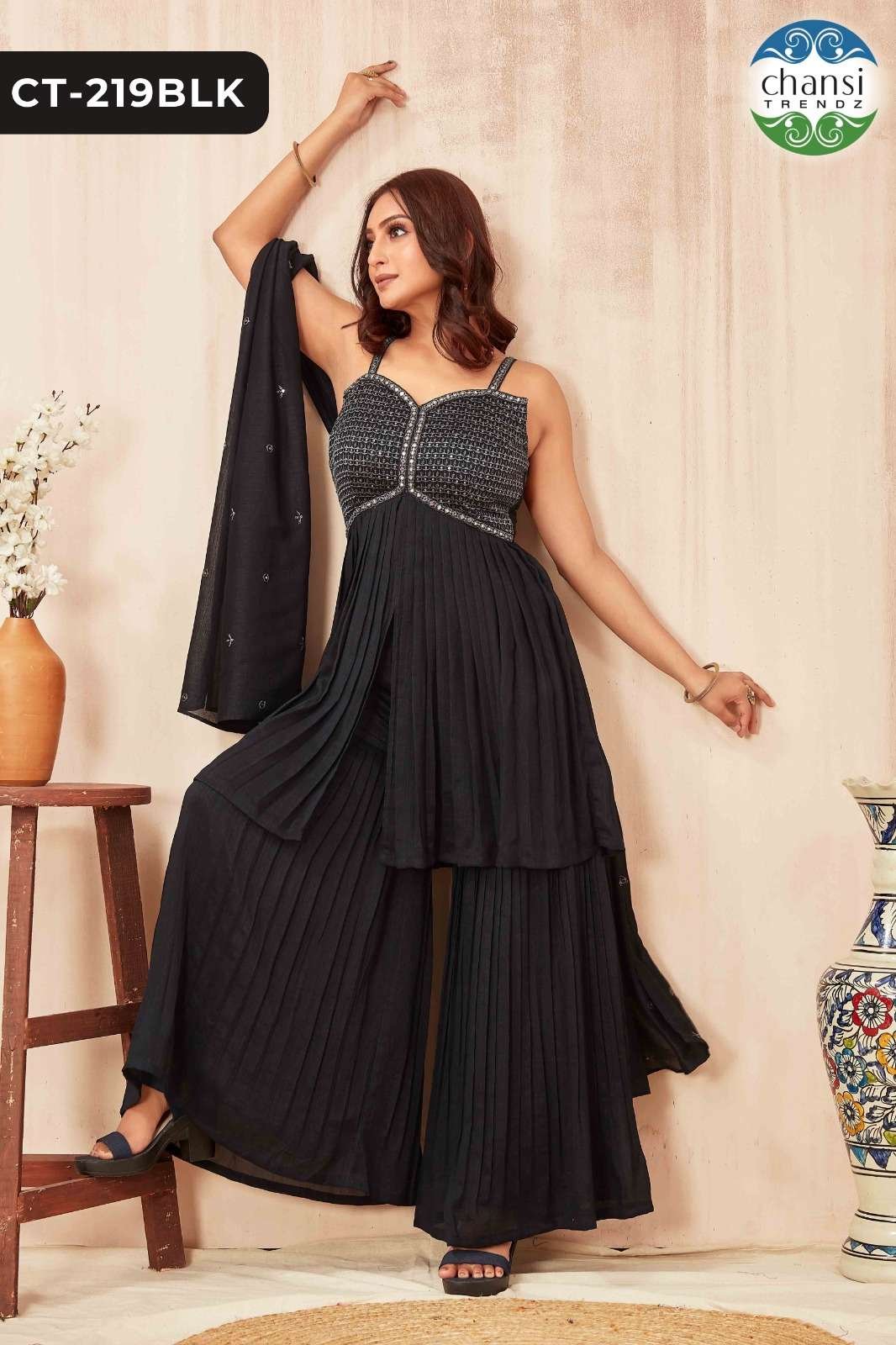 CT-219-BLK BY CHANSI TRENDZ FANCY POLY SILK STITCHED SHARARA DRESS