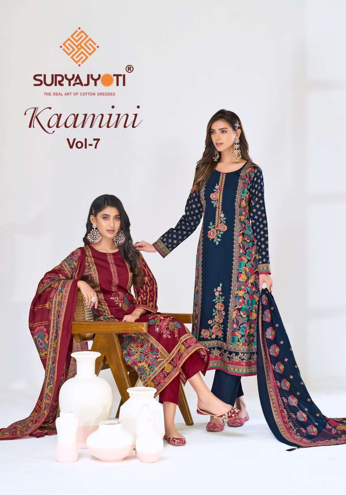 KAAMINI VOL-7 BY SURYAJYOTI 7001 TO 7006 SERIES JAM SATIN PRINT DRESSES