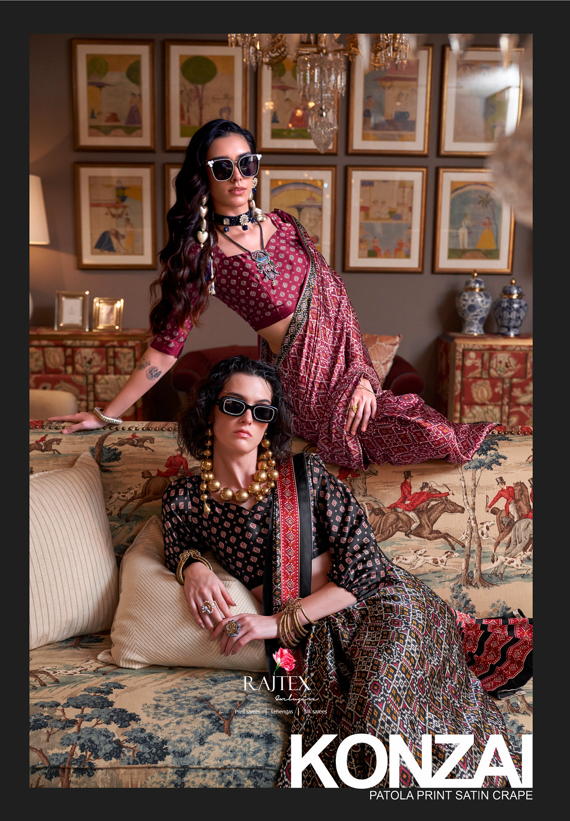 KONZAI BY RAJTEX 405001 TO 405010 SERIES SATIN CREPE PATOLA PRINT SAREES