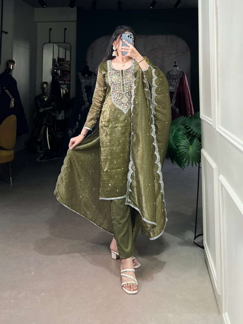 LNB-3037OGN BY SUSWANI FANCY DESIGNER GOLD CRUSH STITCHED DRESS