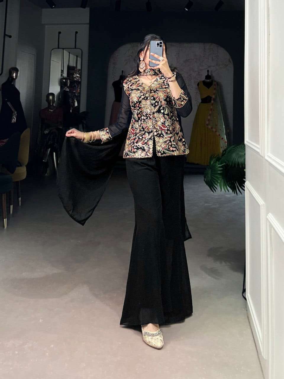 LNB-3041BLK BY SUSWANI FANCY GEORGETTE TOP WITH PALAZZO AND DUPATTA