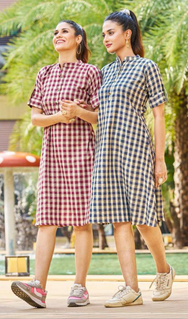MIDI COLLECTION BY BLUE HILLS STYLISH CASUAL CHECKS PRINT COTTON KURTIS