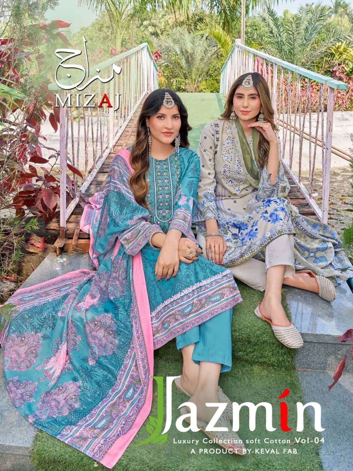 MIZAJ JAZMIN VOL-4 BY KEVAL FAB 4001 TO 4008 SERIES COTTON PAKISTANI DRESSES