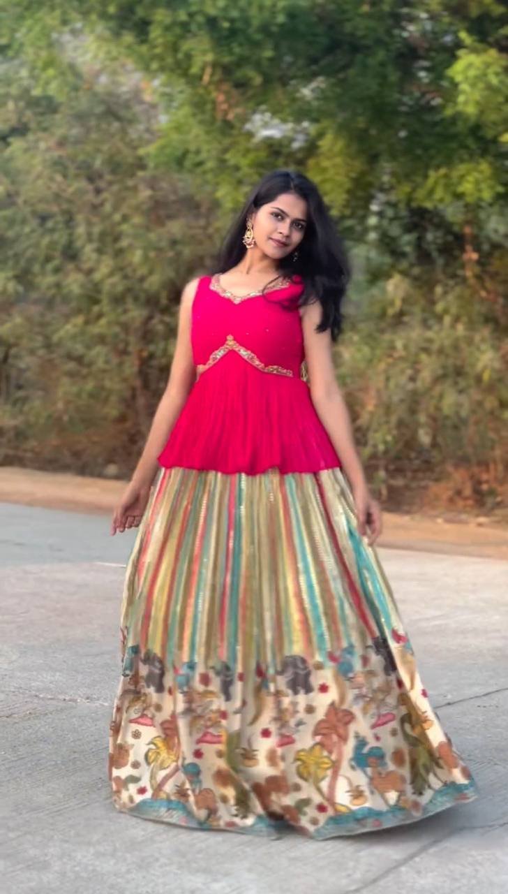 PC-399 BY SUSWANI FANCY DESIGNER CHENT CREPE KALAMKARI PRINT LEHENGA