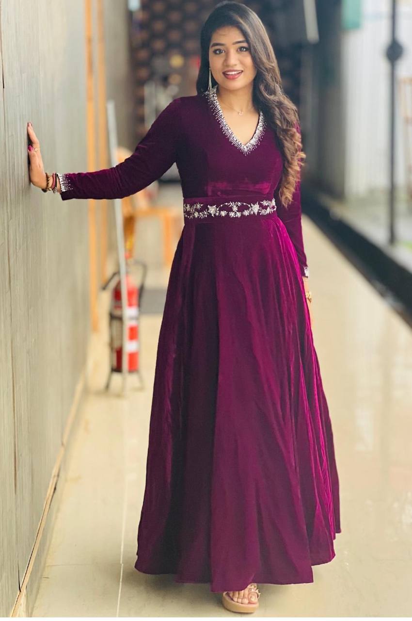 PC-472 BY SUSWANI FANCY DESIGNER VELVET EMBROIDERED PARTY GOWN