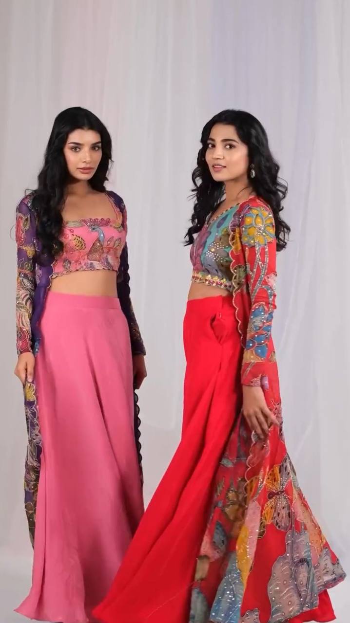 PC-479 COLOURS BY SUSWANI DESIGNER CROP TOP WITH PALAZZO AND SHRUG