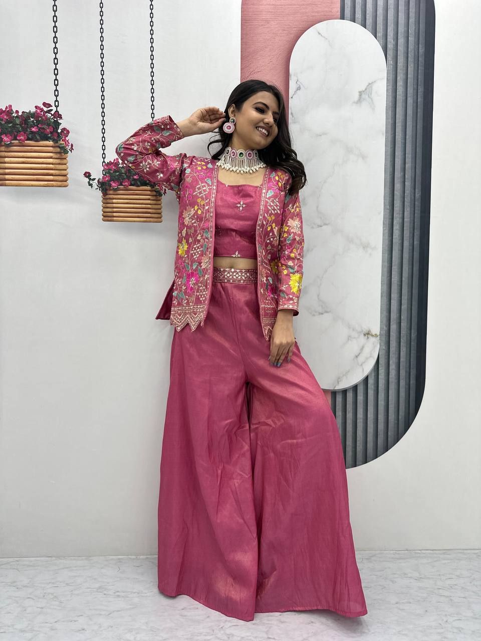 PC-484 COLOURS BY SUSWANI TISSUE SHIMMER CROP TOP WITH PALAZZO AND JACKET