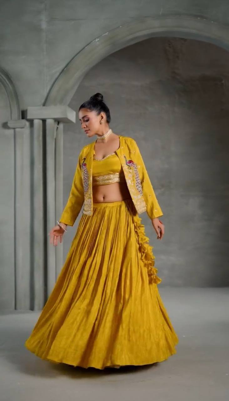 PC-495 BY SUSWANI FANCY DESIGNER CHINON CROP TOP WITH JACKET LEHENGA