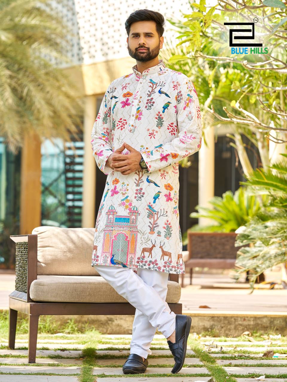 PAARV BY SUSWANI RAYON PRINTED AND EMBROIDERED MENS KURTA PYJAMA