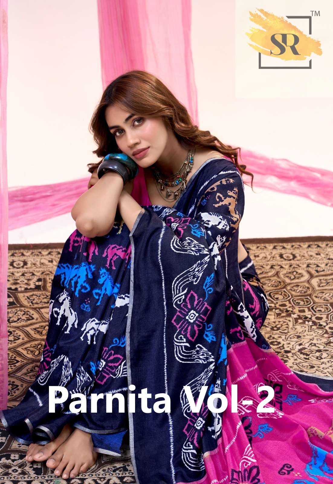 PARNITA VOL-2 BY SR 1011 TO 1020 SERIES SOFT TUSSAR IKKAT PRINT SAREES