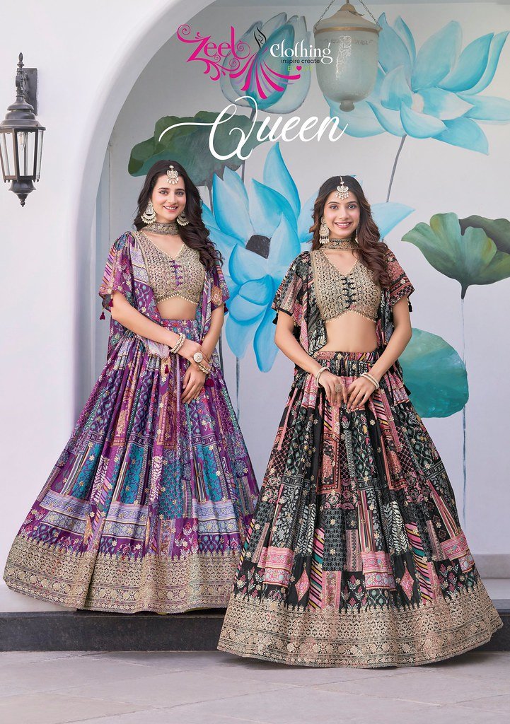 QUEEN BY ZEEL CLOTHING 7050 COLOURS DESIGNER CHINON SILK LEHENGAS