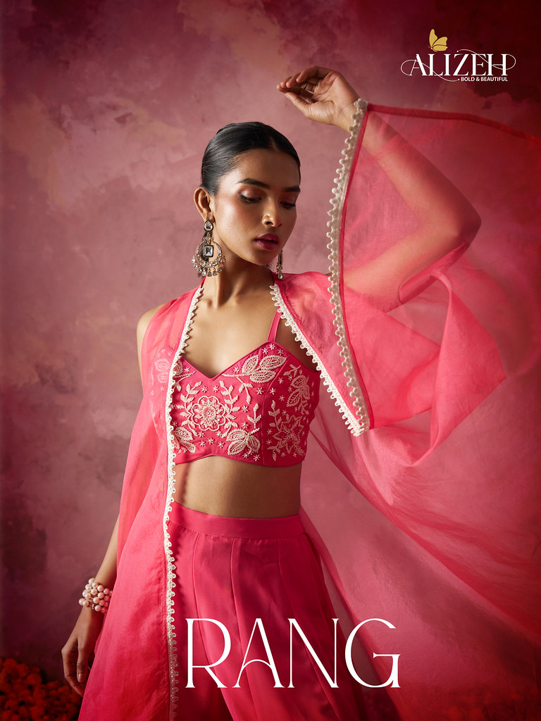 RANG BY ALIZEH 5012 TO 5013 SERIES GEORGETTE CROP TOP WITH PALAZZO AND CAPE