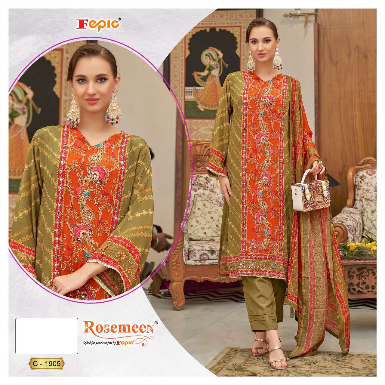ROSEMEEN C-1905 BY FEPIC FANCY DESIGNER NATURAL CREPE PAKISTANI DRESS