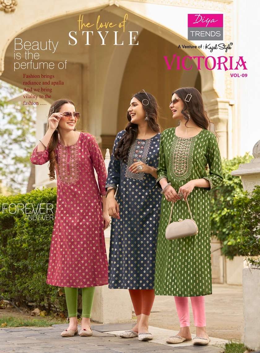 VICTORIA VOL-9 BY DIYA TRENDS 9001 TO 9012 SERIES RAYON FOIL PRINT KURTIS